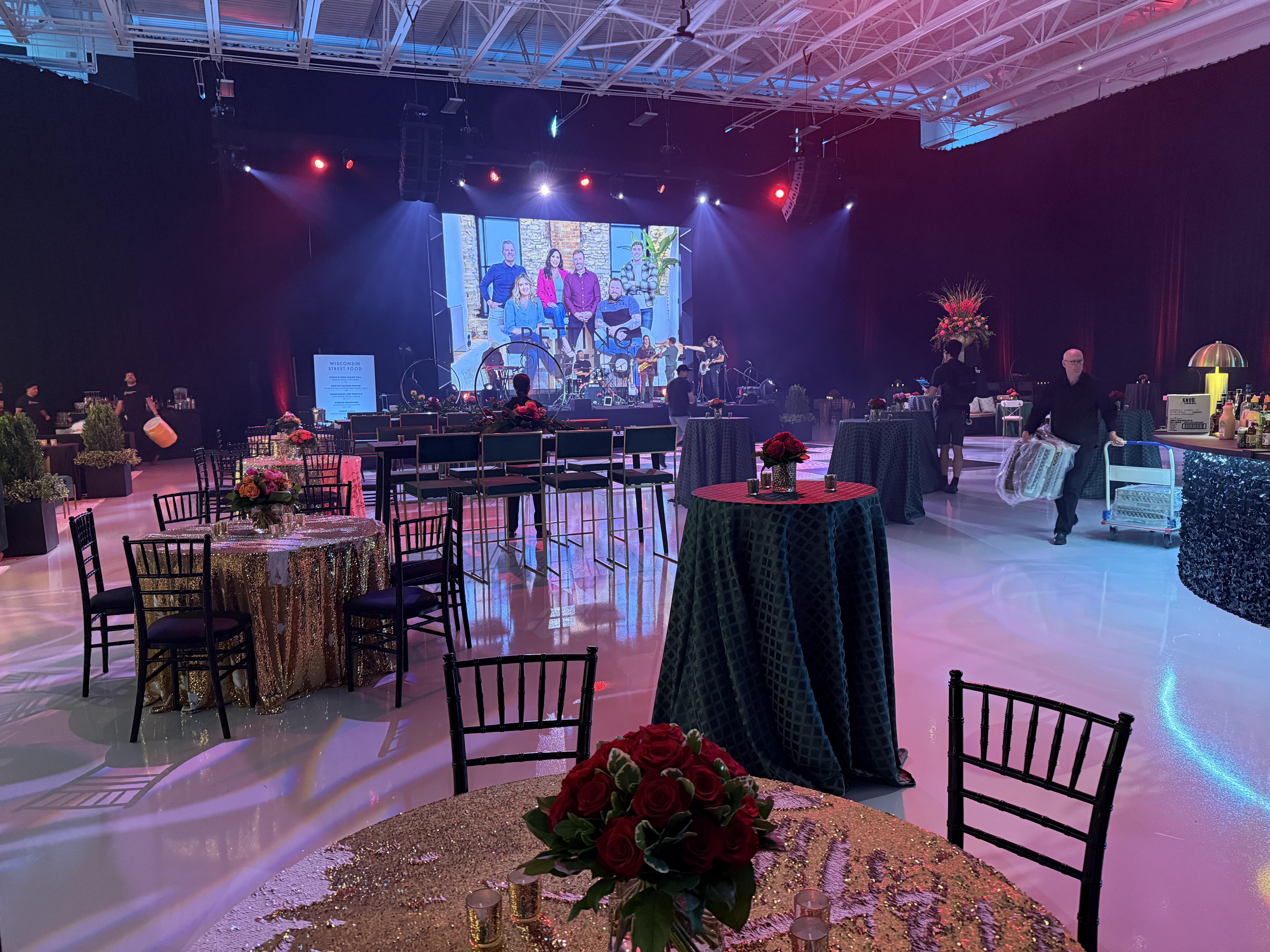 Chicago hybrid event stage with multi-camera setup, lighting, and IMAG
